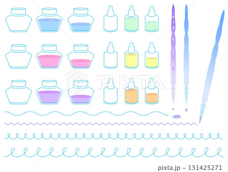 カラフルなインク瓶と万年筆のイラストセット　飾り罫線　ライン 131425271