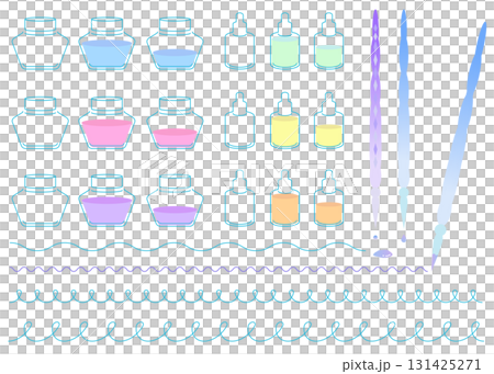 カラフルなインク瓶と万年筆のイラストセット　飾り罫線　ライン 131425271