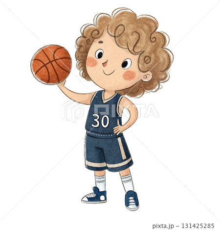 Cute watercolor illustration of a little boy with curly light brown hair, wearing a dark blue basketball jersey 131425285