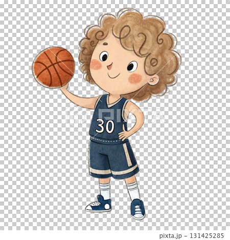 Cute watercolor illustration of a little boy with curly light brown hair, wearing a dark blue basketball jersey 131425285