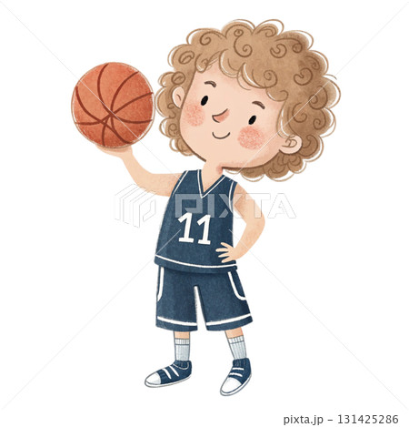 Cute watercolor illustration of a little boy with curly light brown hair, wearing a dark blue basketball jersey Cute watercolor illustration of a little boy with curly light brown hair, wearing a dark blue basketball jersey 131425286