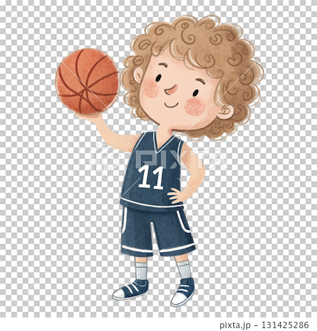 Cute watercolor illustration of a little boy with curly light brown hair, wearing a dark blue basketball jersey Cute watercolor illustration of a little boy with curly light brown hair, wearing a dark blue basketball jersey 131425286