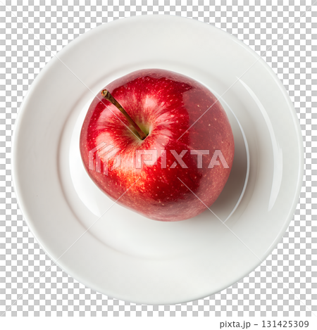 Single red apple on a white plate, top-down overhead view, minimalist still life isolated on transparent background for healthy food concepts 131425309