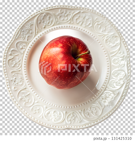 Single red apple on a white plate, top-down overhead view, minimalist still life isolated on transparent background for healthy food concepts 131425310