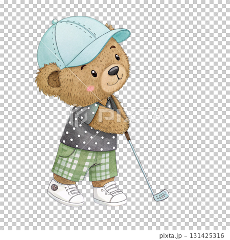 Cute watercolor cartoon of a teddy bear playing golf, light blue cap Cute watercolor cartoon of a teddy bear playing golf, light blue cap 131425316