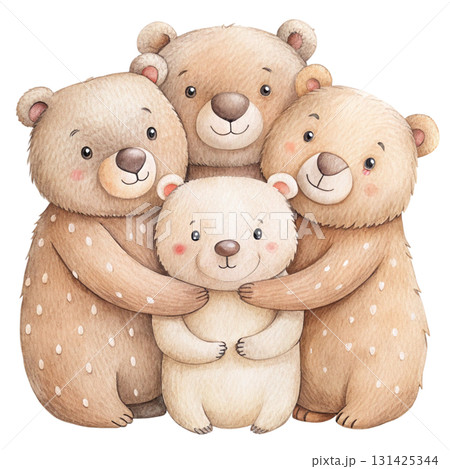 A cute illustration of four bears hugging each other warmly, family love 131425344