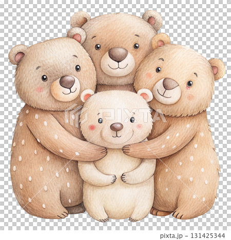 A cute illustration of four bears hugging each other warmly, family love 131425344