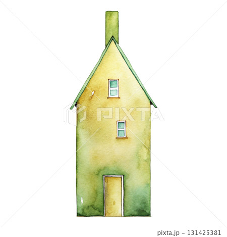 Whimsical watercolor illustration of a tall crooked fantasy house with multiple uneven roofs 131425381