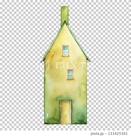Whimsical watercolor illustration of a tall crooked fantasy house with multiple uneven roofs 131425381