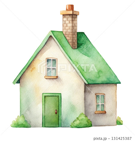 Whimsical watercolor illustration of a tall crooked fantasy house with multiple uneven roofs 131425387