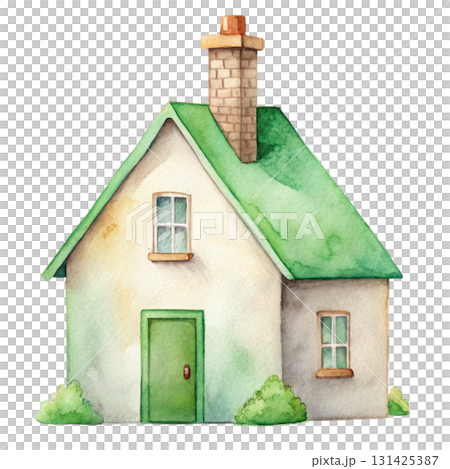 Whimsical watercolor illustration of a tall crooked fantasy house with multiple uneven roofs 131425387