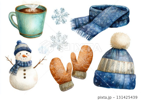 Watercolor illustration of winter accessories including a snowman, mittens, and a cozy cup 131425439