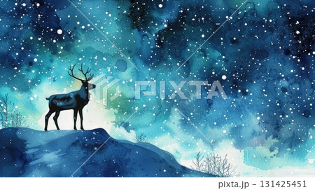 Majestic deer silhouette standing on a snowy hill under a starry night sky with vibrant colors 131425451