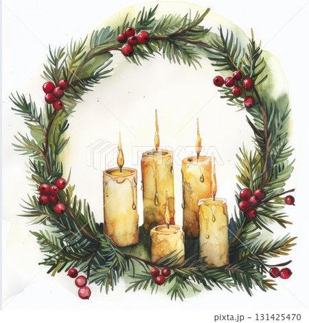 Four lit candles surrounded by evergreen wreath and red berries in a festive holiday illustration Four lit candles surrounded by evergreen wreath and red berries in a festive holiday illustration 131425470