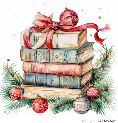 Stack of colorful books tied with a ribbon and surrounded by Christmas ornaments and pine branches 131425482