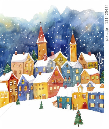 Colorful winter village illustration with snow-covered rooftops and festive atmosphere 131425484