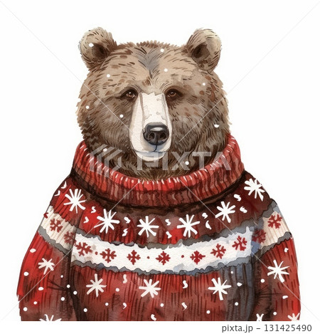 Bear wearing a festive sweater with snowflakes, showcasing a whimsical winter illustration 131425490