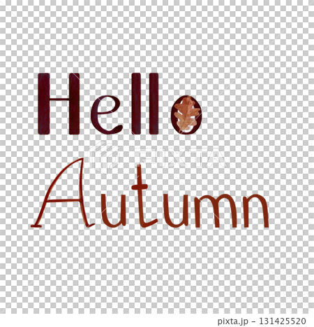 Watercolor autumn lettering Hello Autumn with decorative oak leaf inside the letter O. Seasonal design for greeting cards, posters, invitations, and cozy fall decorations in warm earthy tones 131425520