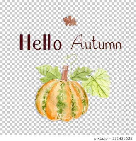 Pumpkin with green leaves and autumn lettering Hello Autumn watercolor composition isolated on white. Seasonal harvest illustration for greeting cards, poster, sticker, invitation, fall festive decor 131425522