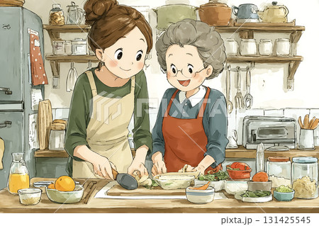 美優シリーズ：美優が高齢者と向かい合って食事介助をしているシーン 131425545