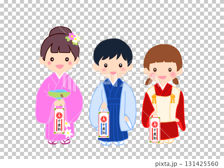 七五三節穿著和服的三個女孩和男孩的全身插圖 131425560