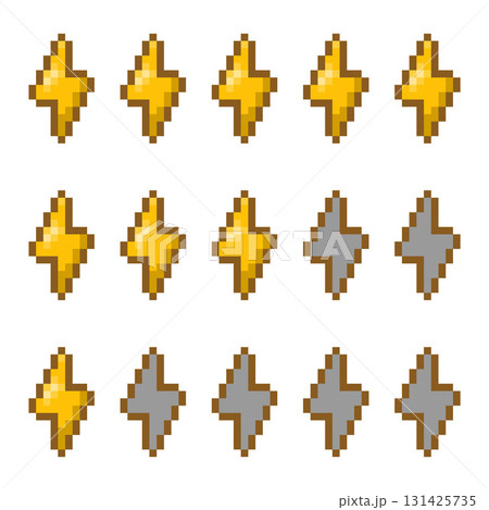 Pixel Art Lightning Bolt Energy Level Icons in Gold and Gray 131425735