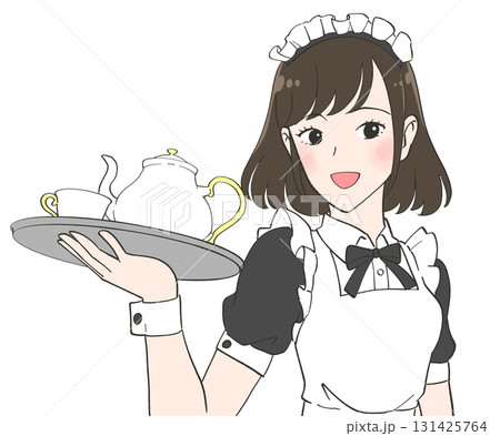 メイドカフェで働く茶髪ボブの女の子のイラスト メイドカフェで働く茶髪ボブの女の子のイラスト 131425764
