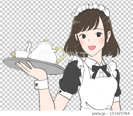 メイドカフェで働く茶髪ボブの女の子のイラスト メイドカフェで働く茶髪ボブの女の子のイラスト 131425764
