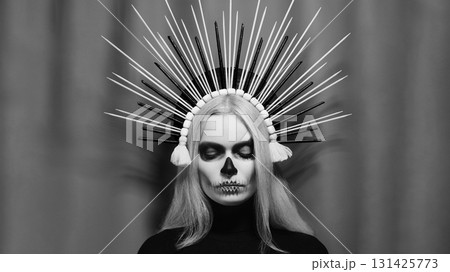 Creative Santa Muerte style portrait with purple Sugar Skull Makeup, tiara, and floral headdress. Fantasy art, mysterious glamour, gothic allure, surreal inspiration, divine feminine expression Creative Santa Muerte style portrait with purple Sugar Skull Makeup, tiara, and floral headdress. Fantasy art, mysterious glamour, gothic allure, surreal inspiration, divine feminine expression 131425773