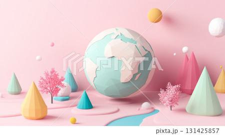 Low-poly Earth surrounded by floating eco-icons in a pastel landscape, background 131425857