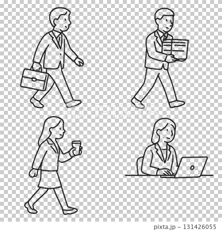 Set of four line drawings of business people's office life scenes (going to work, leaving work, carrying documents, having coffee, online meeting) Set of four line drawings of business people's office life scenes (going to work, leaving work, carrying documents, having coffee, online meeting) 131426055