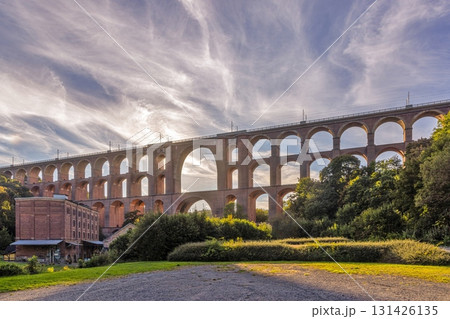 Goeltzschtal Bridge side view at sunset 131426135