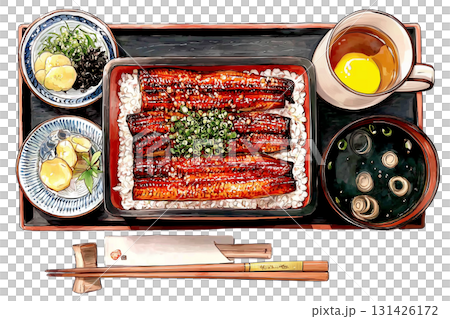 鰻魚套餐，手繪風格，水彩畫 131426172