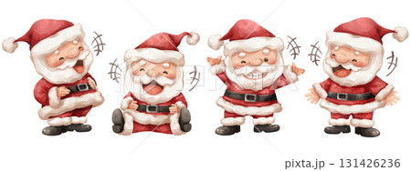 Set of cute watercolor painting santa claus cartoon illustrations expressing pure joy and laughing in christmas festival . Isolate white background . 131426236