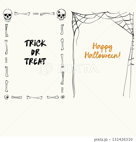 Vector Halloween frames with skeleton, spider, web and skull. Hand painted holiday template isolated on white background. Illustration for design, print or background. Halloween poster. Vector Halloween frames with skeleton, spider, web and skull. Hand painted holiday template isolated on white background. Illustration for design, print or background. Halloween poster. 131426310