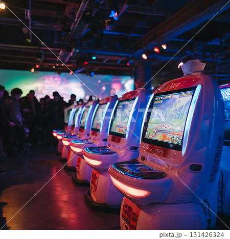 ネオンライトに照らされた太鼓のアーケードゲームを楽しむ人々 ネオンライトに照らされた太鼓のアーケードゲームを楽しむ人々 131426324