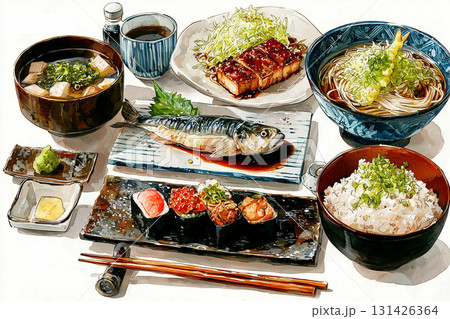 日本食　手書き風　水彩 131426364