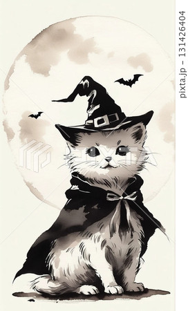 魔女の帽子をかぶった子猫と満月(水墨画風イラスト) 魔女の帽子をかぶった子猫と満月(水墨画風イラスト) 131426404