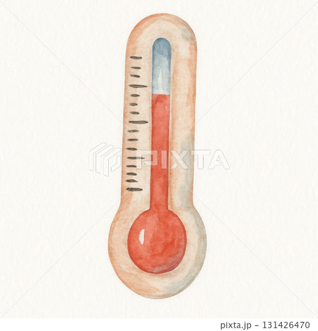 Watercolor illustration clipart of single thermometer with gentle shading and hand painted texture, showing red liquid level inside beige frame on white background 131426470