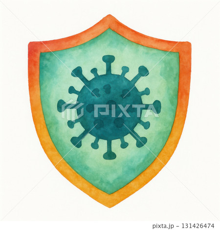 Watercolor illustration of virus protection shield symbol with colorful gradient border, representing safety and defense against infection in vibrant artistic style Watercolor illustration of virus protection shield symbol with colorful gradient border, representing safety and defense against infection in vibrant artistic style 131426474