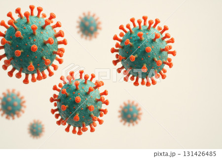 Coronavirus particle close up with spike protein, virus infection concept, microscopic view of virus floating in air, medical background with copy space 131426485