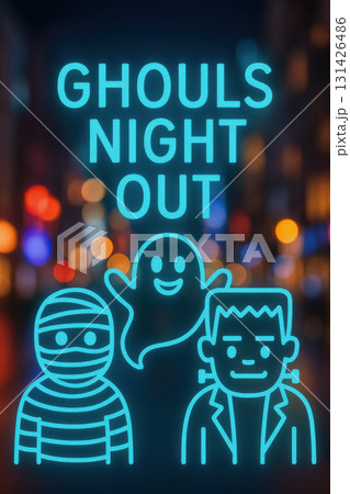 Ghouls night out neon sign with friendly cartoon ghost, mummy, and Frankenstein monster glowing in cool cyan blue on vibrant city street with colorful bokeh lights 131426486