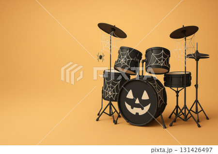 Minimal Halloween drum set with spiderwebs and spider on cymbals, black drums with pumpkin face on bass drum, isolated on orange background with left text space 131426497