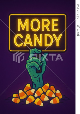 More candy neon sign held by green zombie hand rising from ground with pile of colorful candy corn on purple background, spooky Halloween theme 131426498