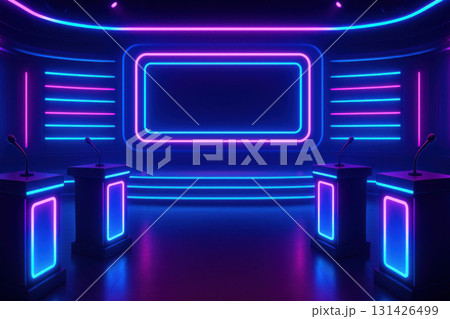 Neon lit game show stage with glowing contestant podiums and microphones futuristic entertainment studio atmosphere with vibrant blue and pink lighting creating exciting mood 131426499