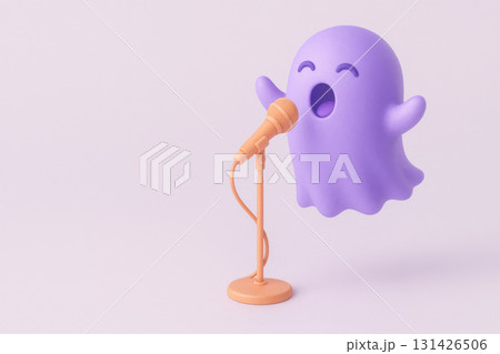 Purple ghost singing with pastel orange microphone stand on light background, cheerful and playful digital illustration with left text space for design or message 131426506