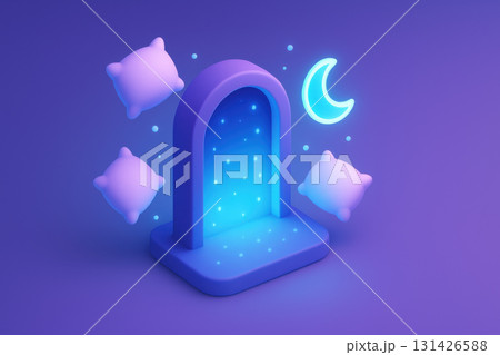 Glowing night portal with floating pillows and crescent moon, surrounded by soft dream particles, set against blue and purple gradient background creating calming and dreamy atmosphere 131426588