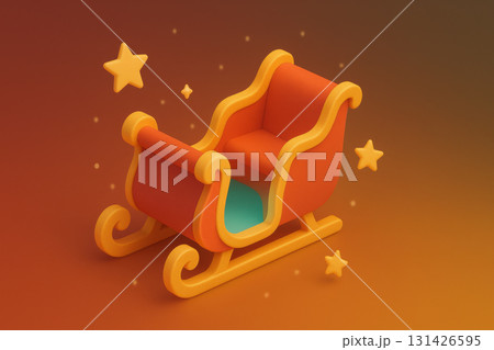 Cute isometric icon of glowing sleigh with bright orange and yellow colors surrounded by floating stars and sparkles on warm gradient background, evoking dreamy festive mood 131426595
