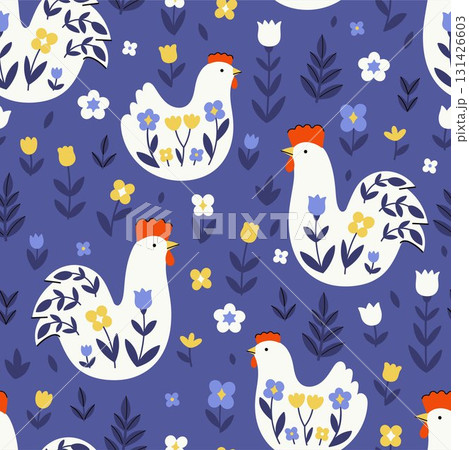Blue seamless pattern with white chickens, roosters, and flowers. Vector graphics. Blue seamless pattern with white chickens, roosters, and flowers. Vector graphics. 131426603