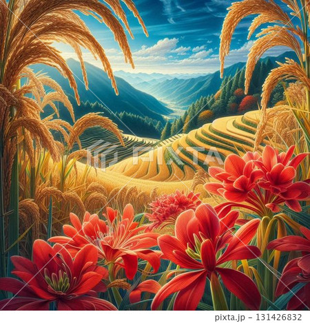 実りの稲穂と赤い彼岸花が彩る、山間の棚田の秋景色 131426832